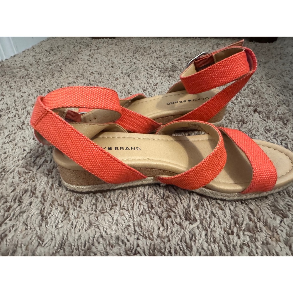 Lucky Brand Wensde Espadrille Wedge Sandals Coral Orange Ankle Strap Women's 7.5 - Picture 2 of 5